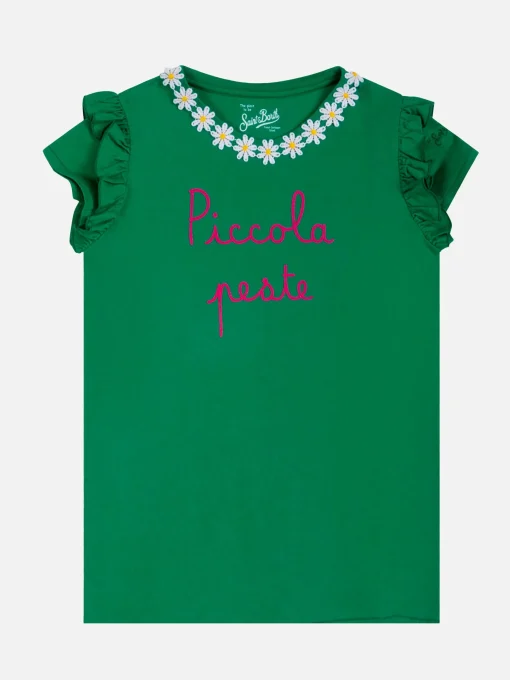 T-shirt da bambina in cotone con balza e ricamo