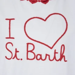 T-shirt da bambina in cotone con balza e ricamo