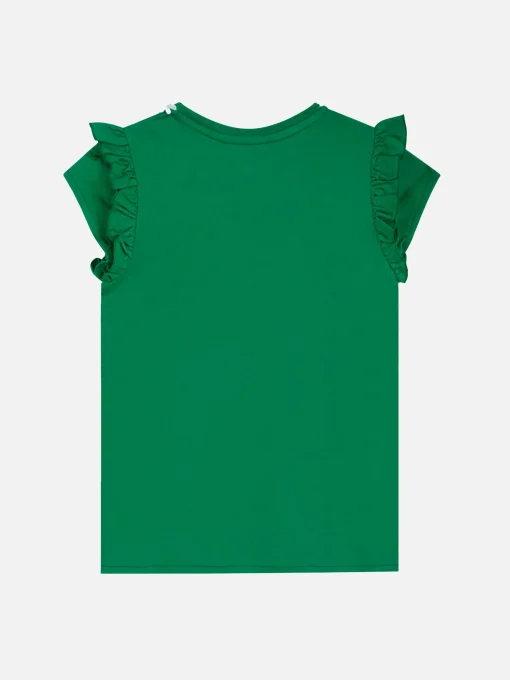 T-shirt da bambina in cotone con balza e ricamo