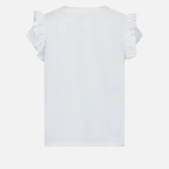 T-shirt da bambina in cotone con balza e ricamo