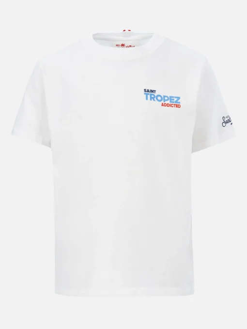 T-shirt da bambino in cotone con stampa di cartoline Saint Tropez addicted