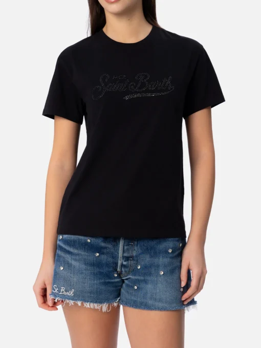 T-shirt da donna girocollo Emilie in jersey di cotone con ricamo di strass Saint Barth