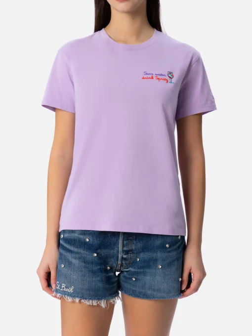 T-shirt da donna girocollo Emilie in jersey di cotone con ricamo Save water drink Spritz