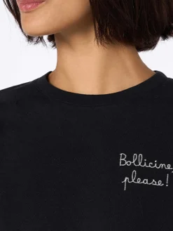 T-shirt da donna in cotone nera pesante Emilie con ricamo Bollicine please