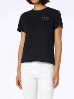 T-shirt da donna in cotone nera pesante Emilie con ricamo Bollicine please
