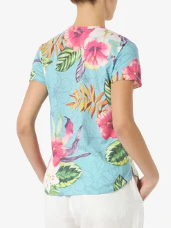 T-shirt da donna in cotone con stampa ibiscus