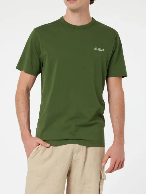 T-shirt da uomo Dover in jersey di cotone verde militare con ricamo St. Barth