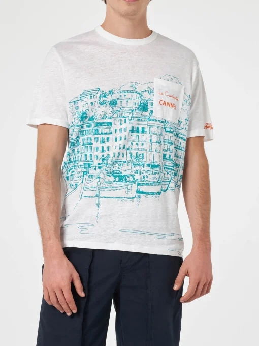 T-shirt da uomo Ecstasea in jersey di lino con stampa piazzata Cannes e taschino ricamato