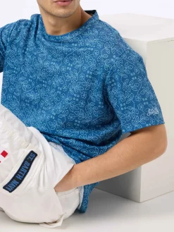 T-shirt da uomo Ecstasea in jersey di lino blu con stampa sashiko
