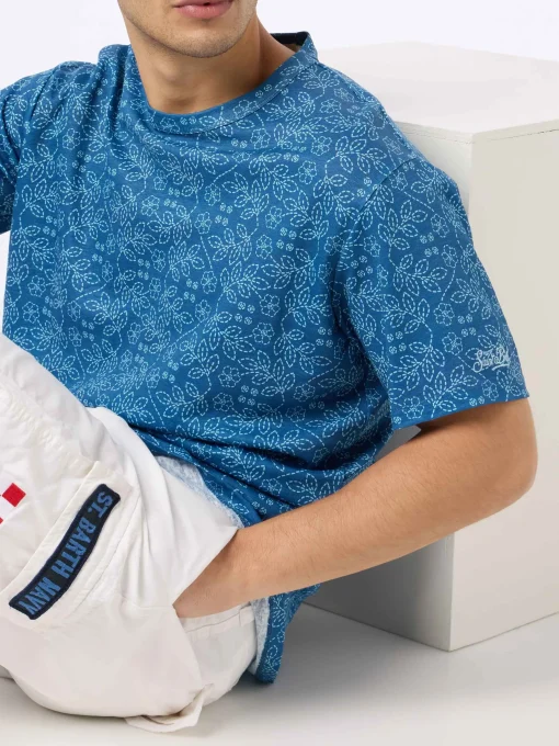 T-shirt da uomo Ecstasea in jersey di lino blu con stampa sashiko