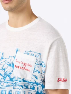 T-shirt da uomo Ecstasea in jersey di lino con stampa piazzata Portofino e taschino ricamato