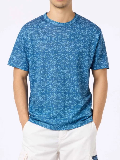 T-shirt da uomo Ecstasea in jersey di lino blu con stampa sashiko