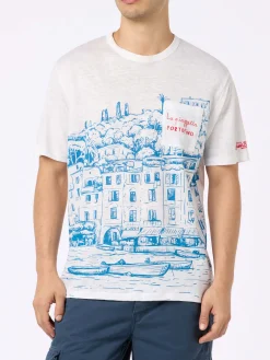 T-shirt da uomo Ecstasea in jersey di lino con stampa piazzata Portofino e taschino ricamato