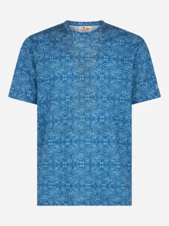 T-shirt da uomo Ecstasea in jersey di lino blu con stampa sashiko