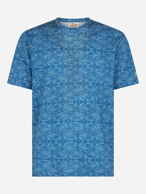 T-shirt da uomo Ecstasea in jersey di lino blu con stampa sashiko