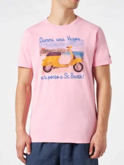 T-shirt da uomo in cotone trattamento vintage con stampa Dammi una Vespa e ti porto a St. Barth | EDIZIONE SPECIALE VESPA®