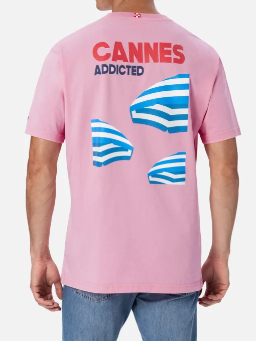 T-shirt da uomo in cotone con stampa piazzata cartolina Cannes Addicted