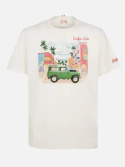 T-shirt da uomo in cotone con stampa piazzata e ricamo Surfin' USA
