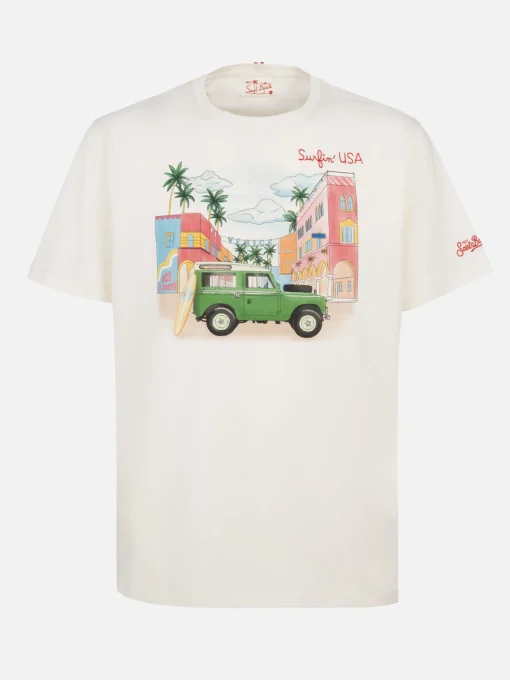 T-shirt da uomo in cotone con stampa piazzata e ricamo Surfin' USA