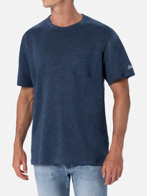 T-shirt da uomo in jersey di lino blu navy Ecstasea con taschino