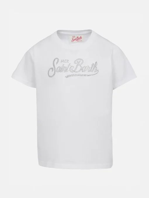 T-shirt girocollo da bambina Elly in jersey di cotone con ricamo di strass Saint Barth