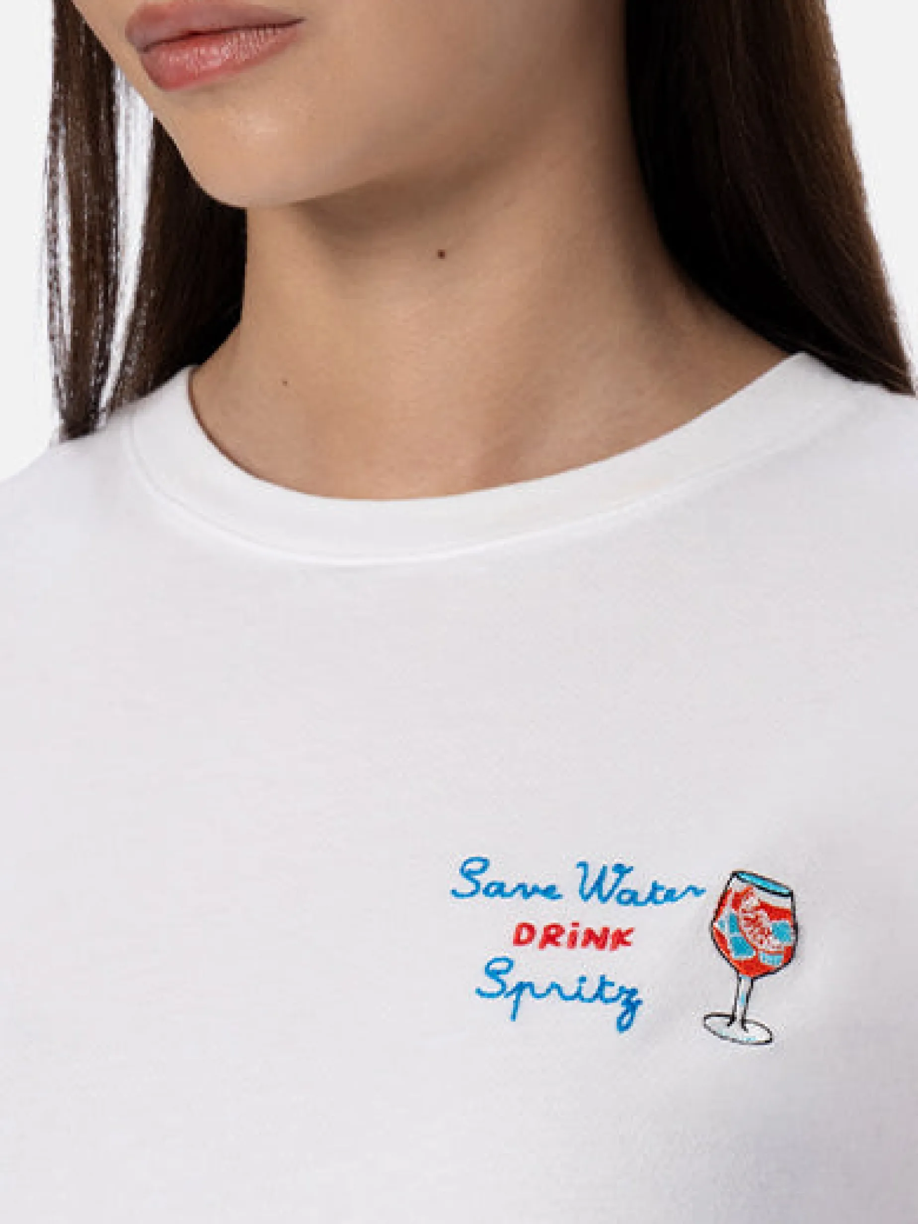 T-shirt girocollo in jersey di cotone da donna Emilie con ricamo Save water, Drink spritz