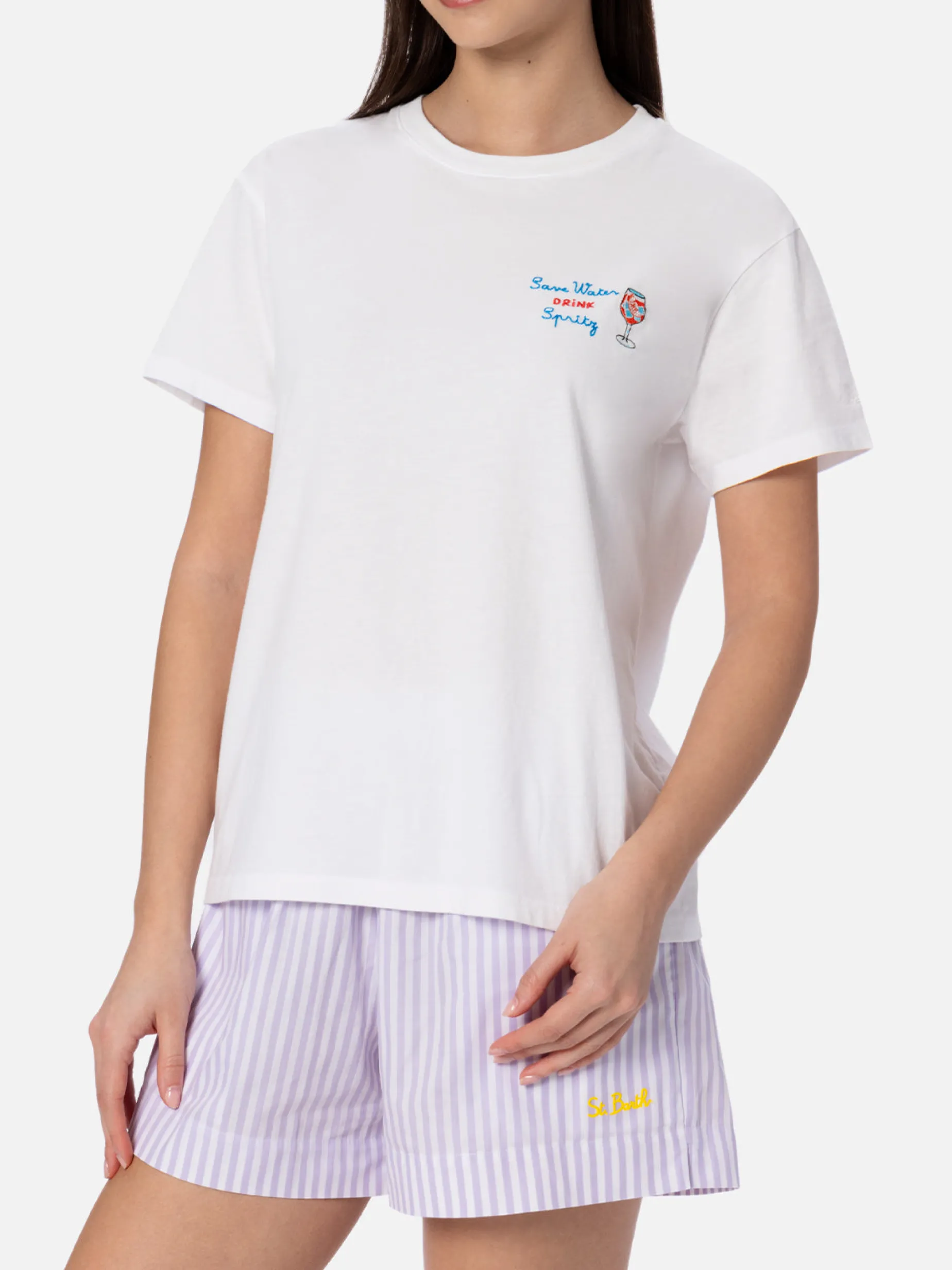 T-shirt girocollo in jersey di cotone da donna Emilie con ricamo Save water, Drink spritz