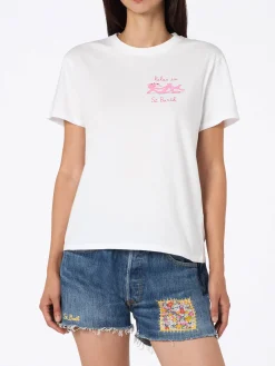 T-shirt girocollo in jersey di cotone bianco da donna Emiilie con ricamo Relax in St. Barth | EDIZIONE SPECIALE PINK PANTHER