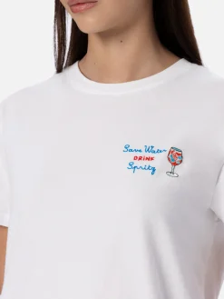 T-shirt girocollo in jersey di cotone da donna Emilie con ricamo Save water, Drink spritz