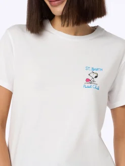 T-shirt girocollo in jersey di cotone rosa da donna Emilie con ricamo Snoopy St. Barth Padel Club | EDIZIONE SPECIALE SNOOPY PEANUTS