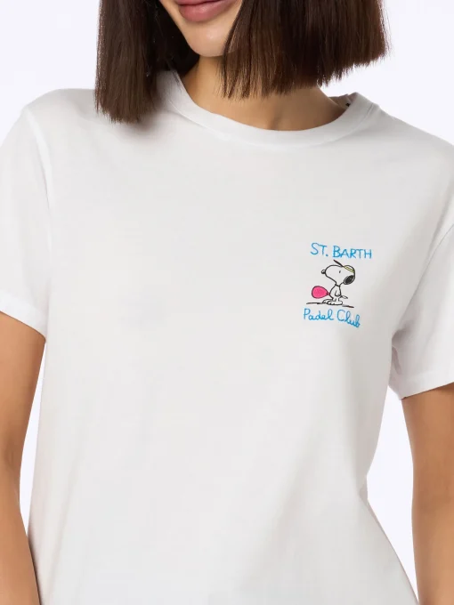 T-shirt girocollo in jersey di cotone rosa da donna Emilie con ricamo Snoopy St. Barth Padel Club | EDIZIONE SPECIALE SNOOPY PEANUTS