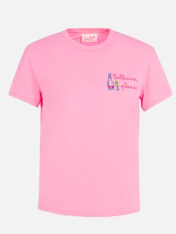 T-shirt girocollo in jersey di cotone rosa da donna Emilie con ricamo Bollicine, please
