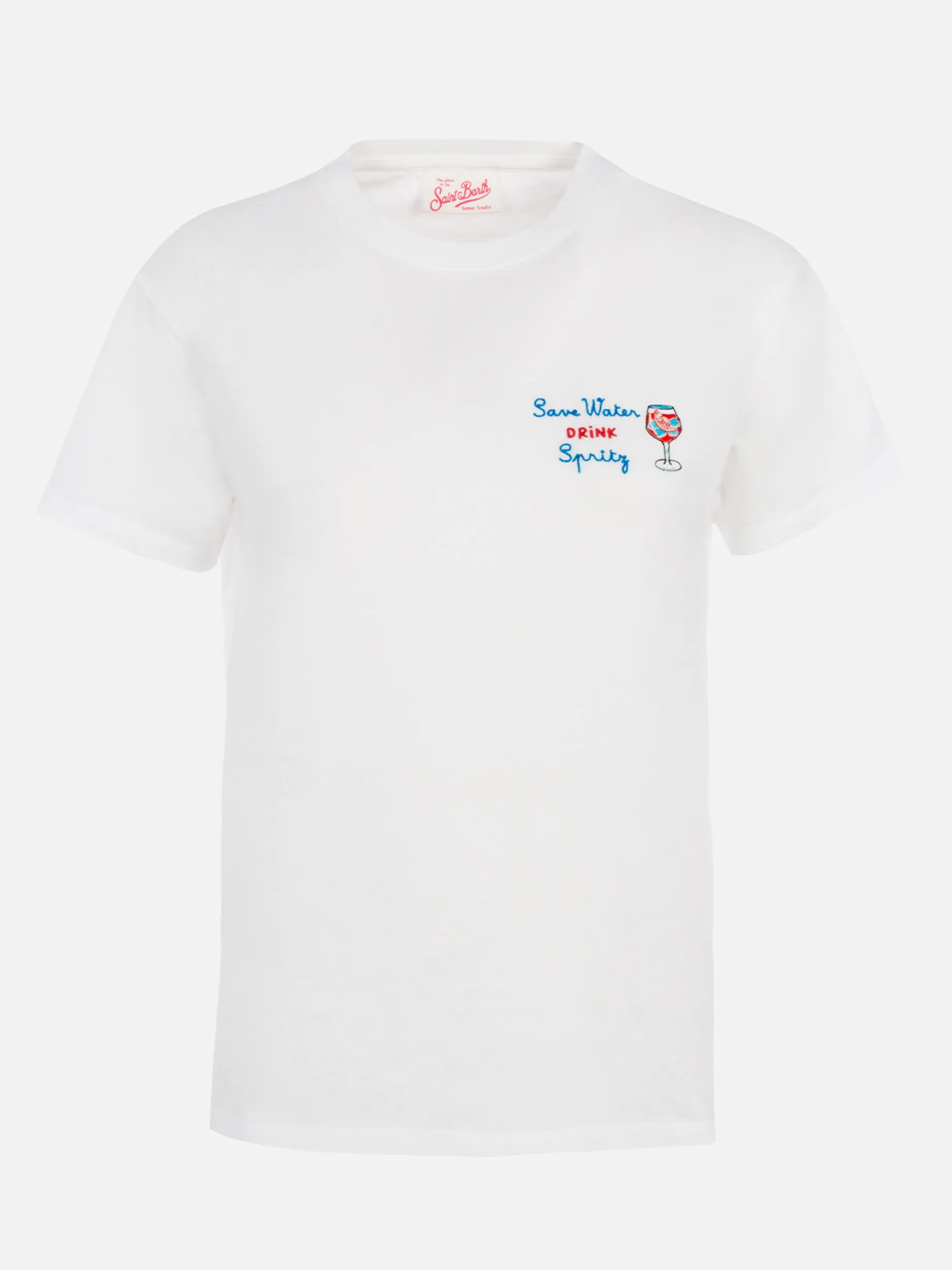 T-shirt girocollo in jersey di cotone da donna Emilie con ricamo Save water, Drink spritz