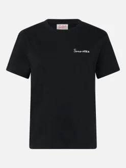 T-shirt girocollo in jersey di cotone nero da donna Emilie con ricamo Sono nera