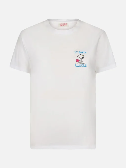 T-shirt girocollo in jersey di cotone rosa da donna Emilie con ricamo Snoopy St. Barth Padel Club | EDIZIONE SPECIALE SNOOPY PEANUTS