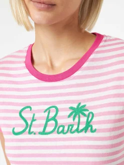 T-shirt in cotone a righe fucsia con ricamo St. Barth