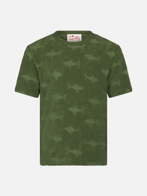 T-shirt militare da bambino in spugna Gary con motivo squalo in rilievo