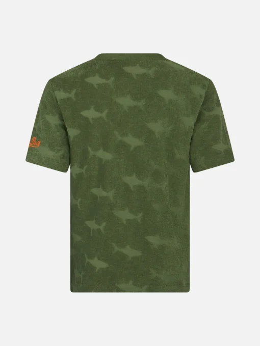 T-shirt militare da bambino in spugna Gary con motivo squalo in rilievo