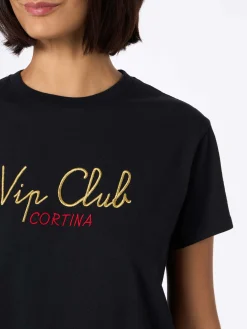 T-shirt nera da donna in cotone pesante Emilie con ricamo Vip Club Cortina | VIP CLUB CORTINA SPECIAL EDITION