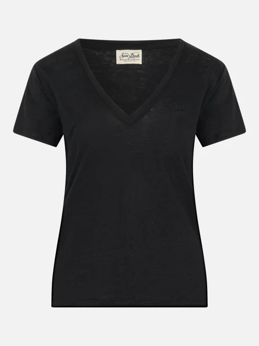 T-shirt nera scollo a V Eloise in jersey di lino