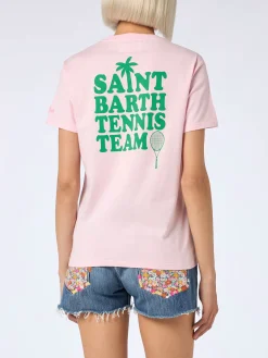 T-shirt rosa in cotone con stampa "St Barth tennis team"
