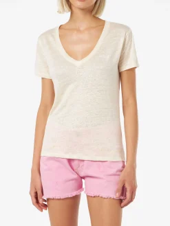 T-shirt scollo a V color bianco sporco Eloise in jersey di lino
