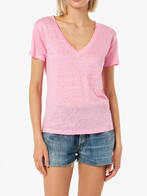 T-shirt scollo a V rosa Eloise in jersey di lino