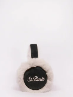 Woman black suede effect earmuffs with furry details and wireless speaker