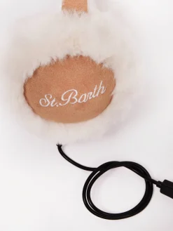 Woman camel suede effect earmuffs with furry details and wireless speaker